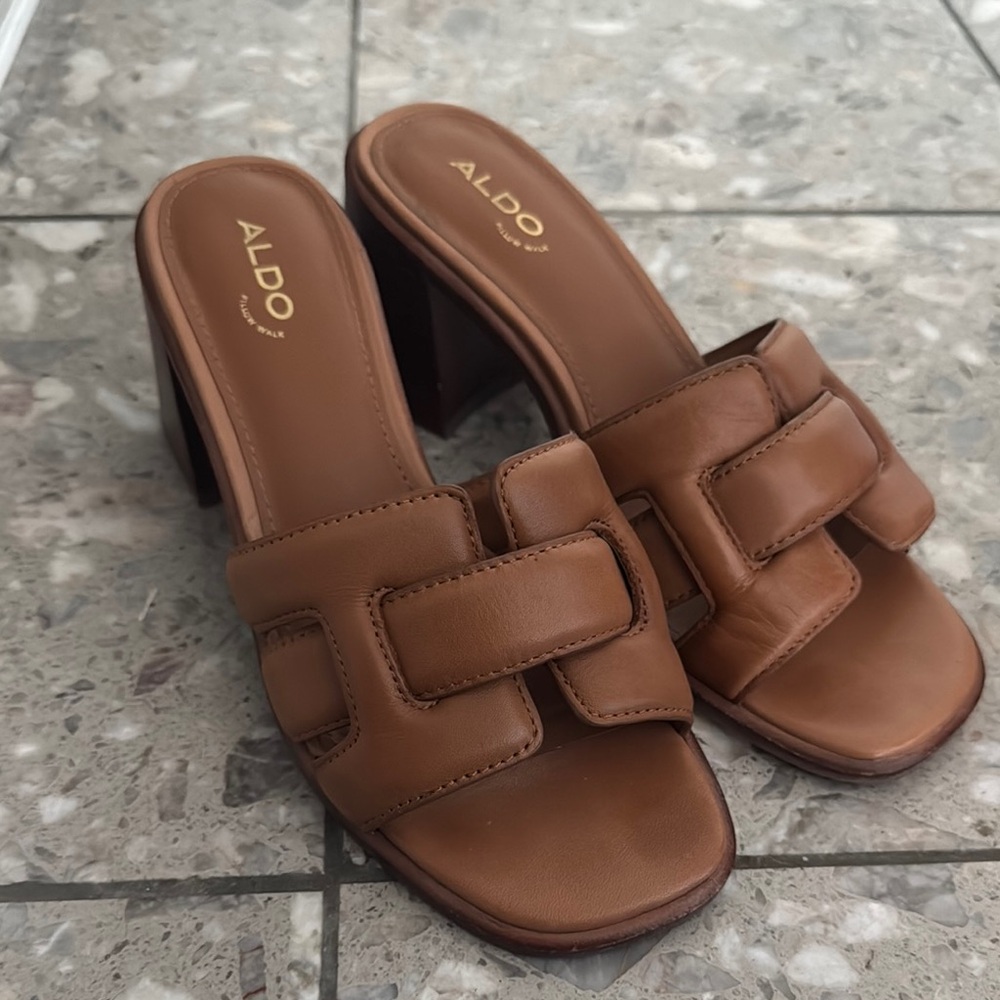 Aldo Brown Leather Mules with Interwoven Straps
